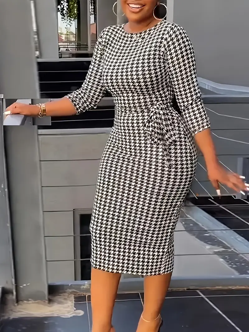 Houndstooth Print Split Dress, Casual 3/4 Sleeve Bodycon Dress, Women's Clothing