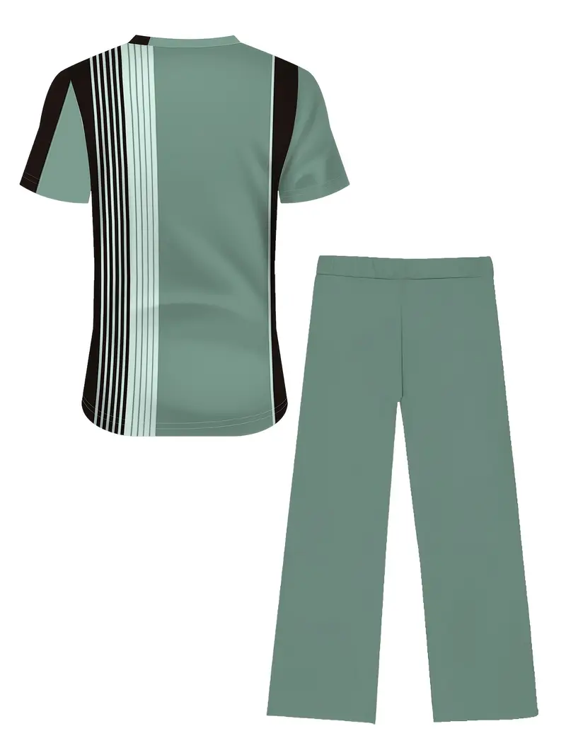 Men's Chic Green & Black Striped Print Casual Outfit - Comfortable Polyester Short Sleeve Tee & Trousers Set with Pockets, Machine Washable - Image 7
